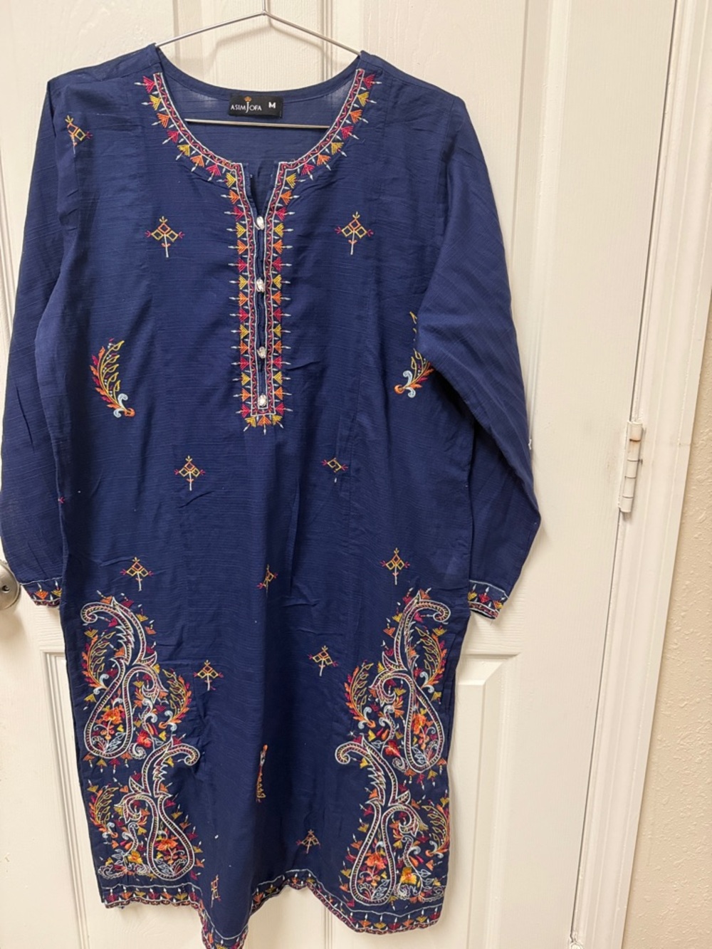 Pakistani Indian Navy Embroidered Long-Sleeve top kurta Dress